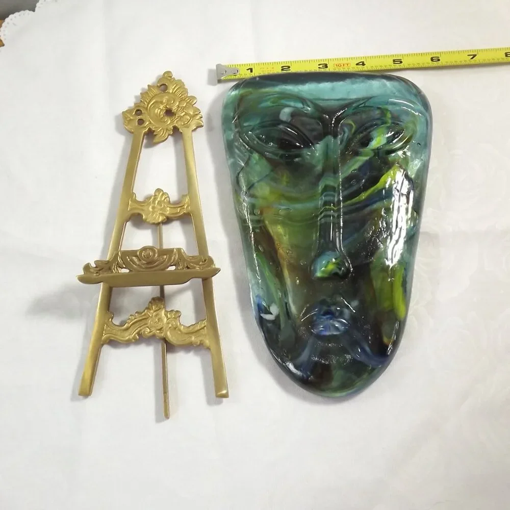 Vintage Art Glass Face Jaramillo Brothers Skydreamer Style Art with Brass Stand - Picture 7 of 10
